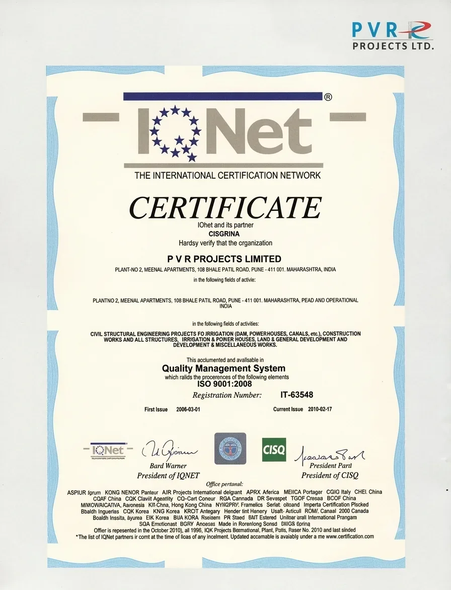 PVR Projects Ltd. ISO 9001:2008 quality management system certificate