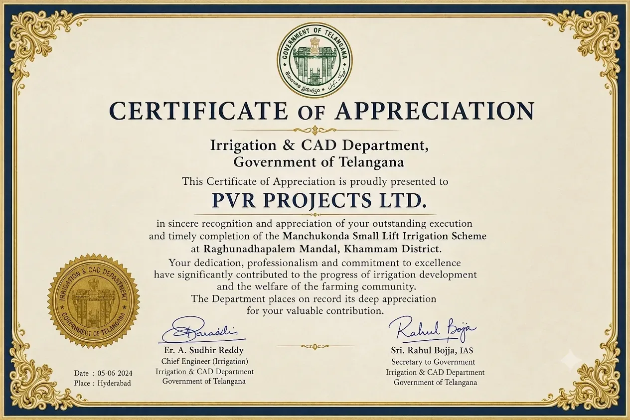 Appreciation certificate for Manchukonda Small Lift Irrigation Scheme
